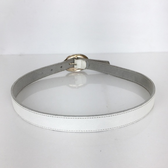 Vintage White Leather Skinny Belt Women\'s Size M Oval Distressed Silver Buckle main image 4